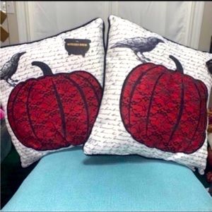 Set of 2 - Halloween Gothic Raven Laced Red Pumpkin Pillows 20”x20”